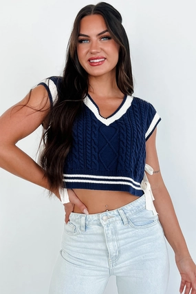 LongWearingComfort Better Take Notes Side Tie Sweater Vest (Navy/Off White)