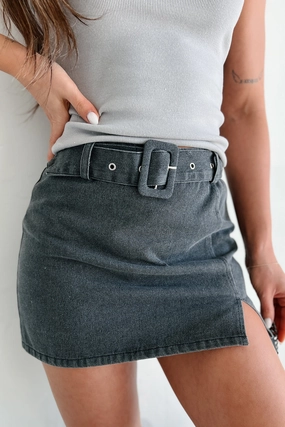 Smooth Cut Bold Finish Growing Distant Belted Denim Mini Skirt (Washed Black)