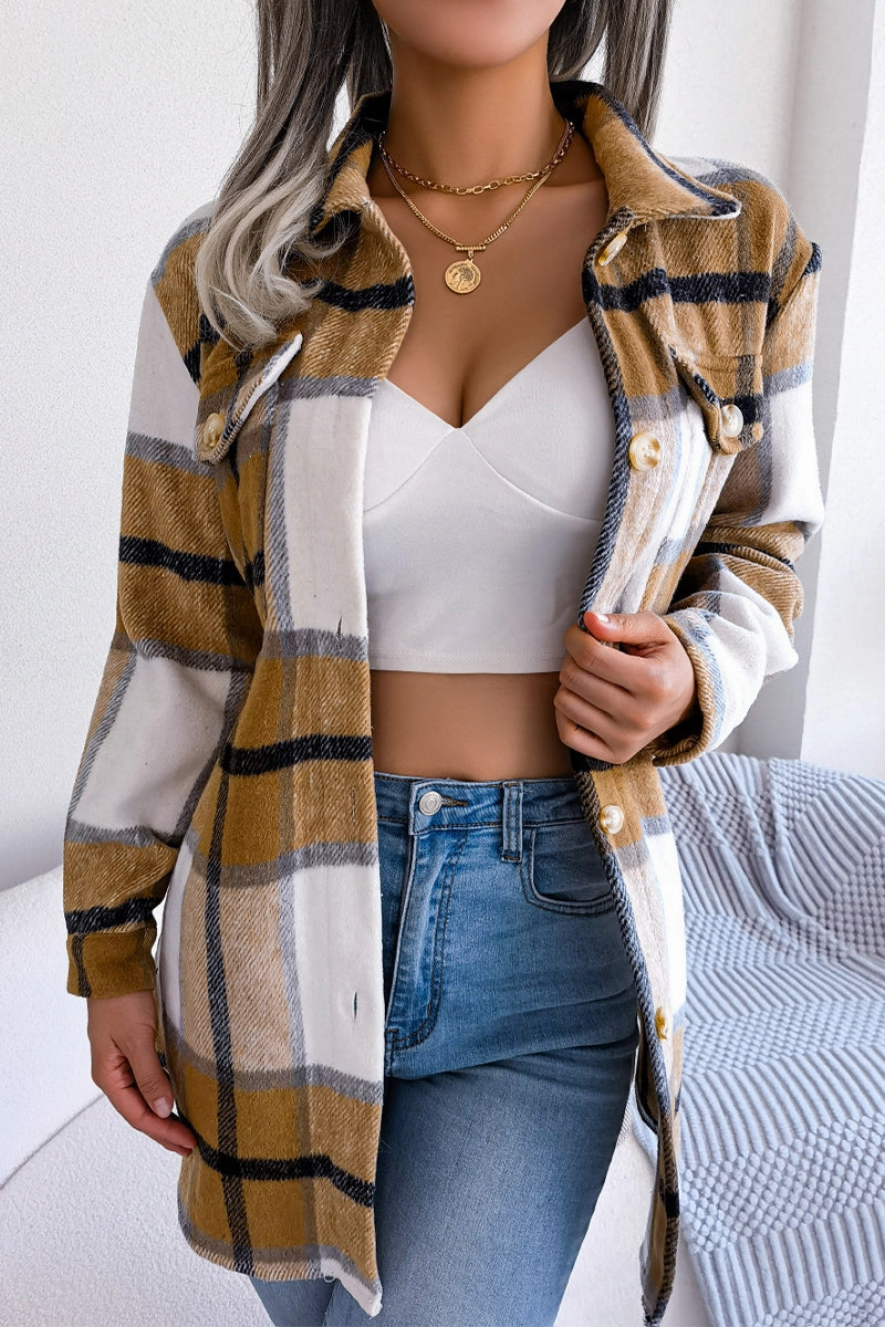 WOMEN BELTED PLAID PATTERN BUTTON DOWN JACKET BreathableMeshPanel