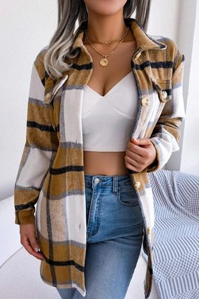 WOMEN BELTED PLAID PATTERN BUTTON DOWN JACKET BreathableMeshPanel