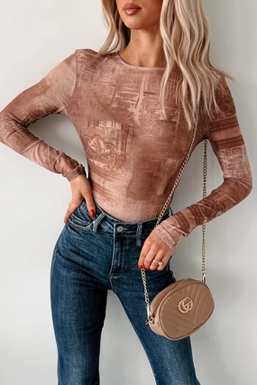 WrinkleFree Structure Four Way Stretch Lost In Time Printed Mesh Bodysuit (Brown)