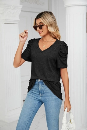 StretchFit Design Ventilated Back Panel PUFFED SLEEVE SOLID CASUAL TOP