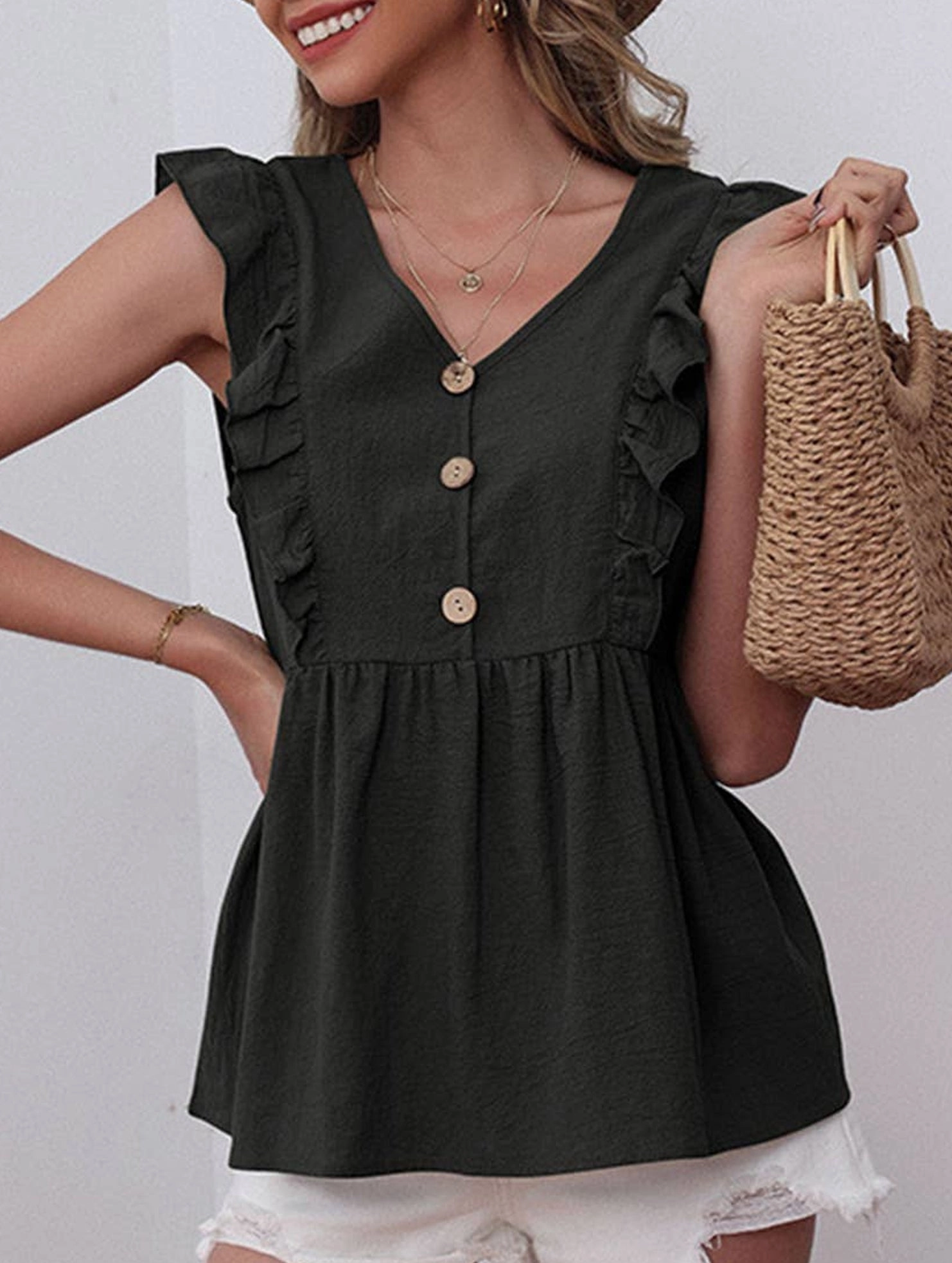 Adjustable Hem COTTON AND LINEN SLEEVELESS V-NECK BLOUSE_CWTBLSL0204