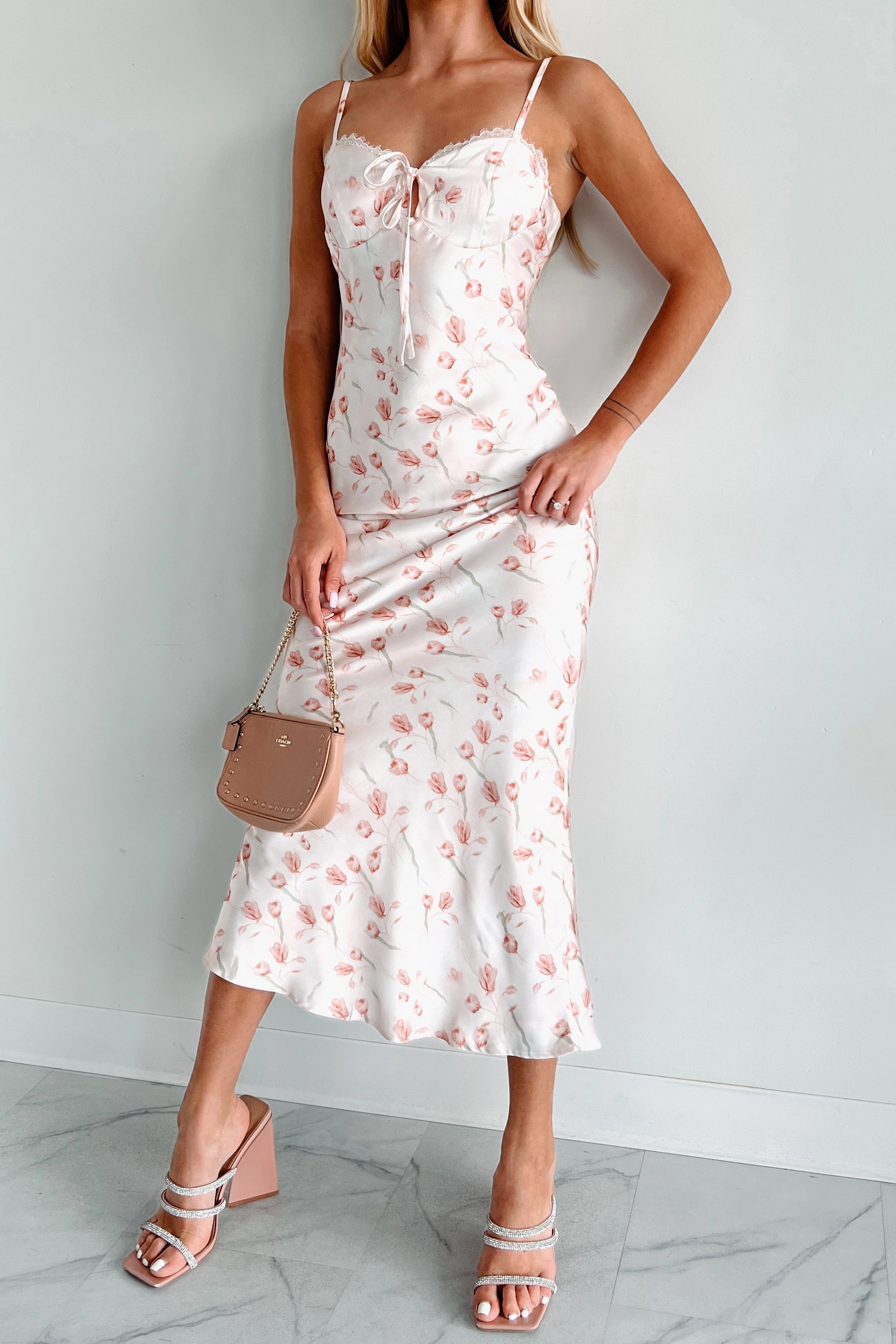 Heart Tone ElasticWaistband Enchanting Elegance Floral Satin Midi Dress (Blush)