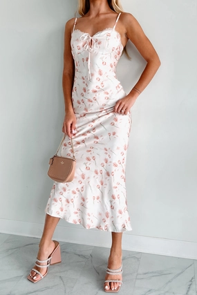 Enchanting Elegance Floral Satin Midi Dress (Blush) Chic Ensemble BreathableLining