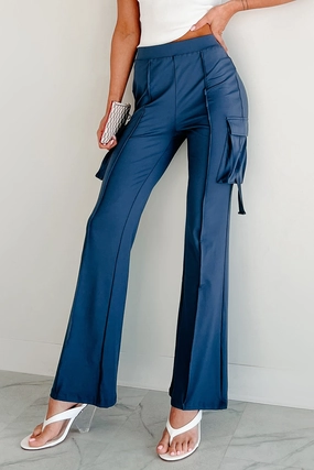 Easy Does It High Rise Cargo Bootcut Leggings (Blue) Side zipper TaglessComfort