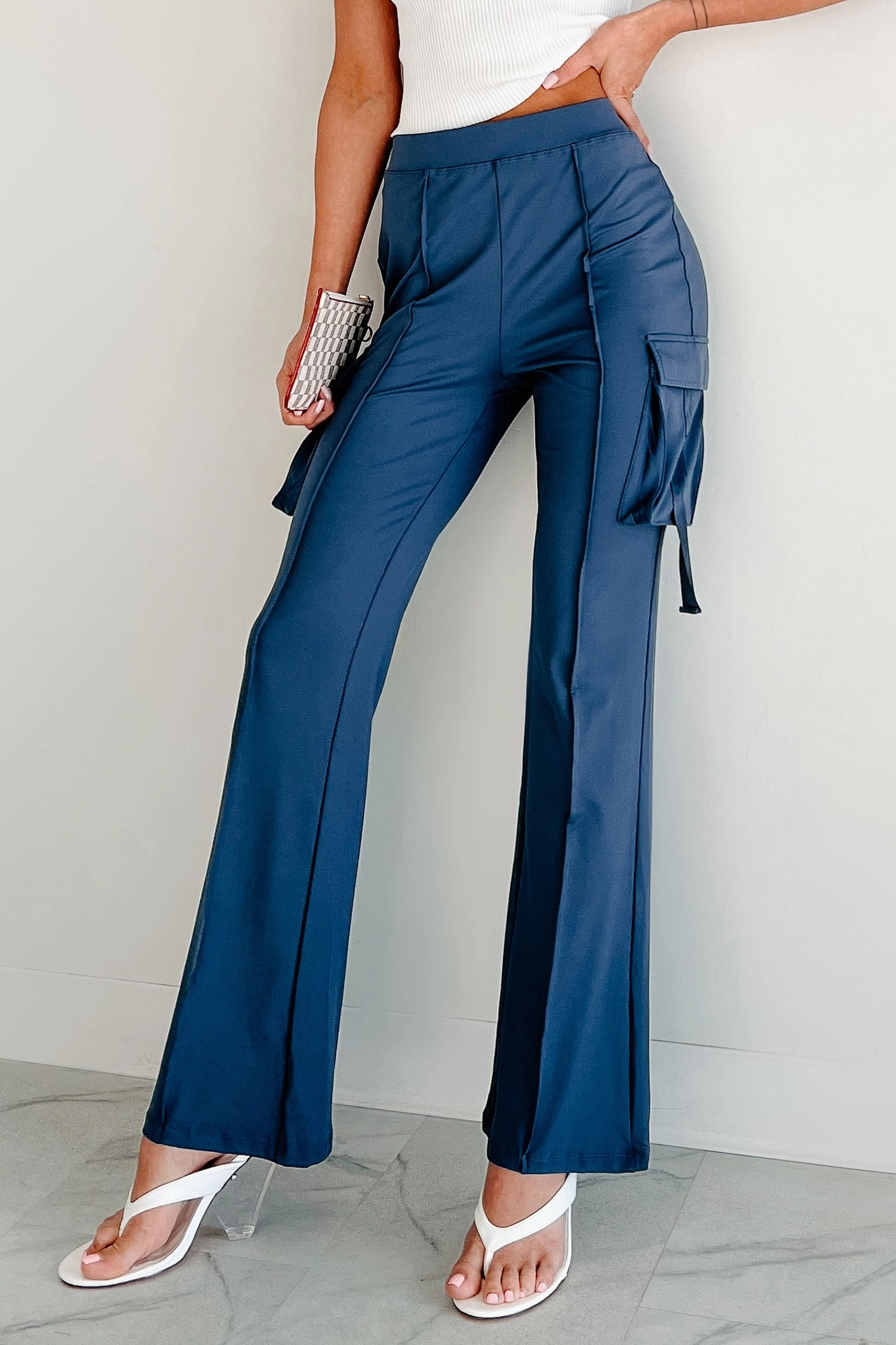 Easy Does It High Rise Cargo Bootcut Leggings (Blue) Wool blend