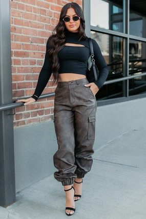 Slim Shape Easy Edge Faux Leather FORE Cargo Joggers (Brown)
