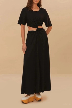 Cotton-Blend Celebrity-Inspired Black Midi Dress Short Sleeve