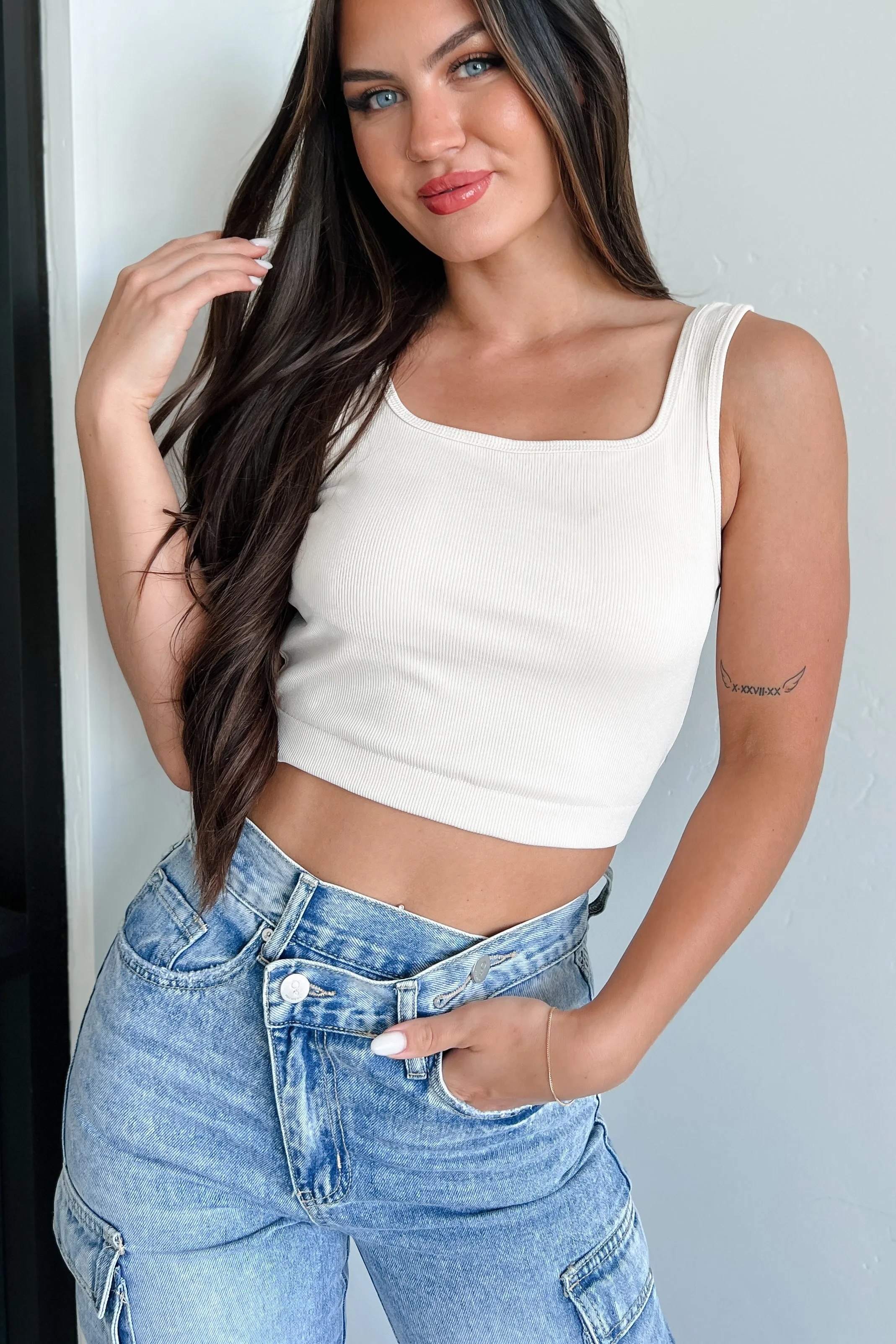 Hidden Zipper Pocket LowMaintenance Simply Stated Ribbed Brami Crop Top (Cream)