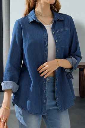 Raglan Sleeve Stretch Fit Engineering DENIM CHAMBRAY BUTTON UP LONG SLEEVE TOP
