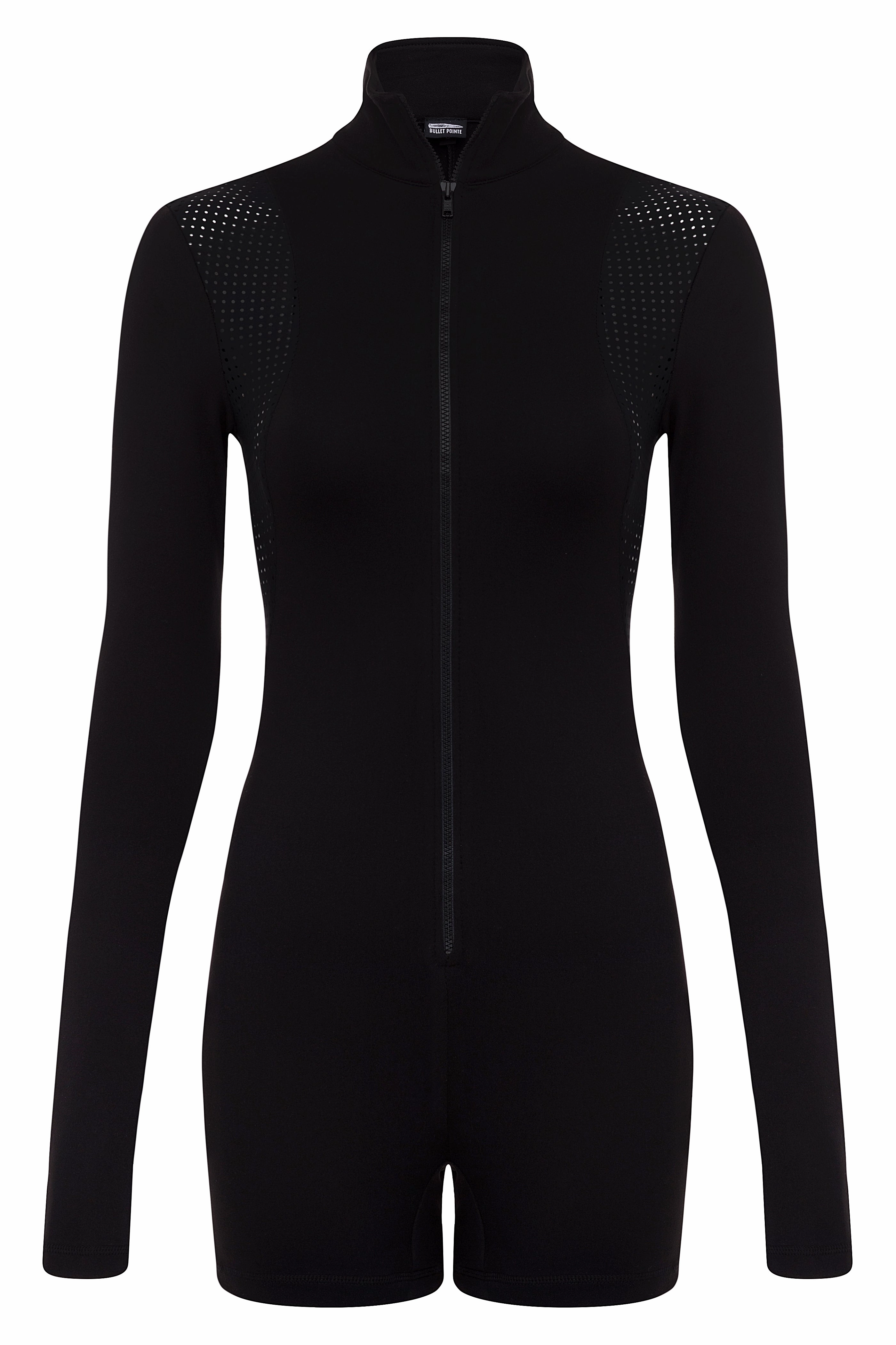 Sporty Elegant Contour Long Sleeve Romper BLACK