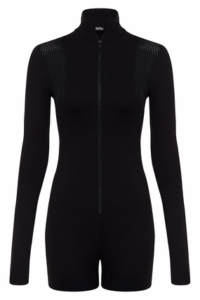 Sporty Elegant Contour Long Sleeve Romper BLACK
