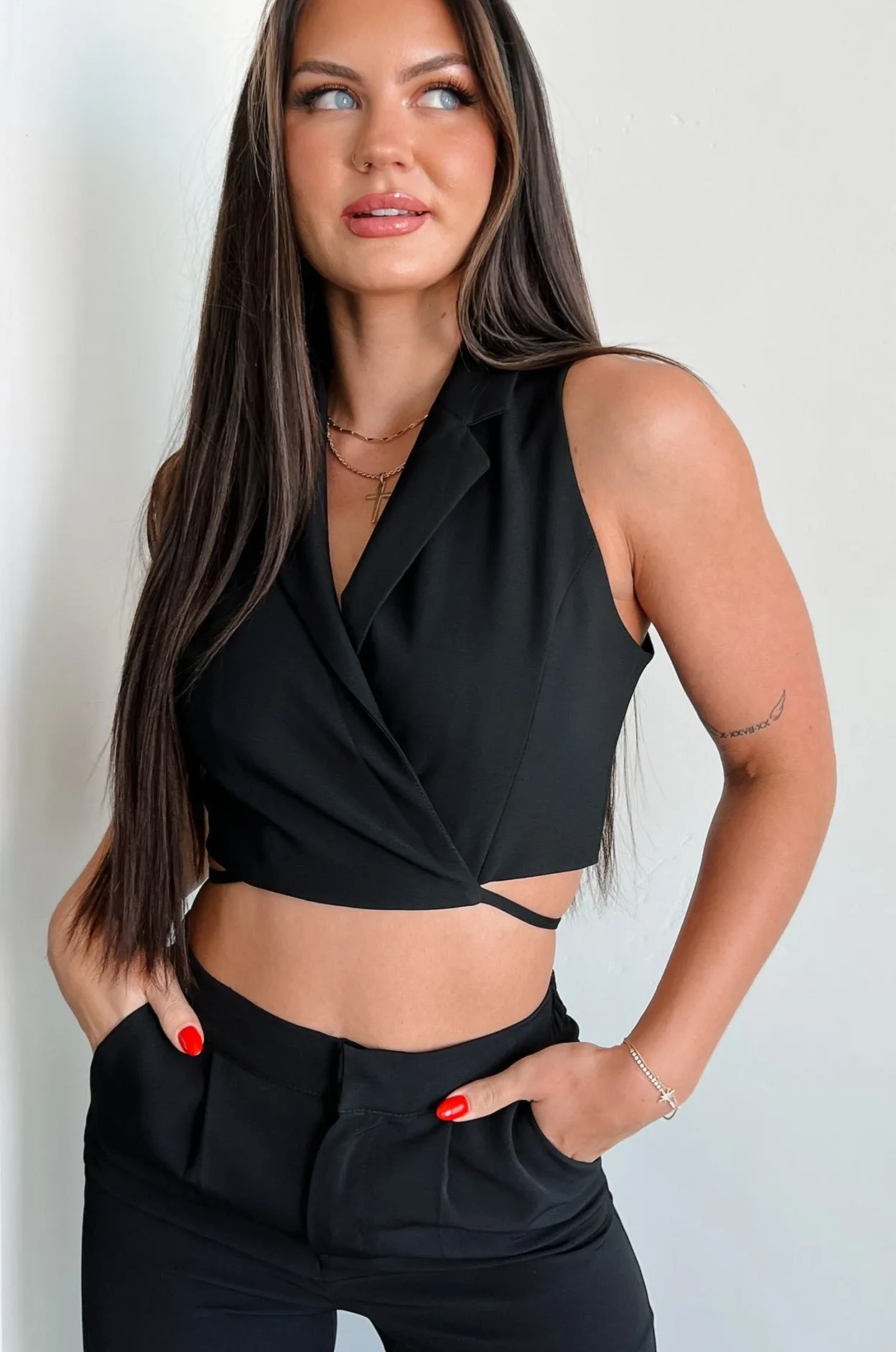 Rosalind Wrap Tie Crop Vest (Black) Curved Hem