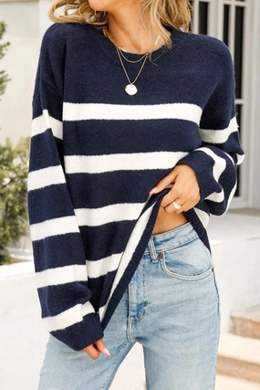 TonalStitching FourWayStretchFabric WOMENS STRIPE BASIC CASUAL TOP
