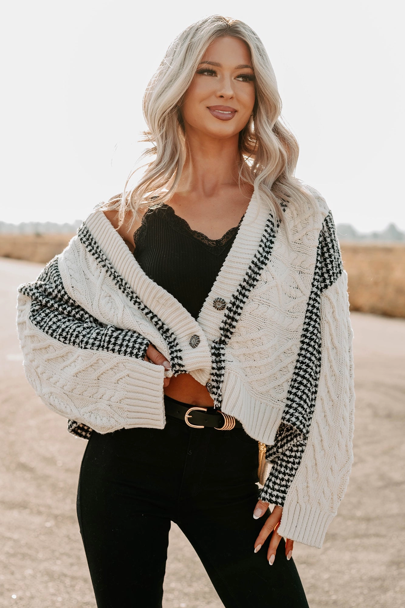 Nest Mode Knit Houndstooth POL Cardigan (Ivory/Black) Self Fabric Tie Closure Moisture Control Technology