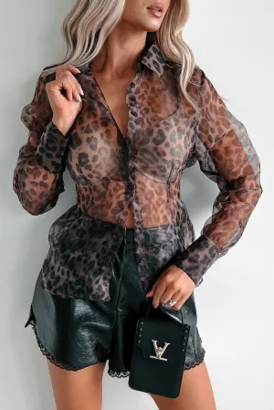 Feisty Reputation Sheer Leopard Print Blouse (Brown) High Density Knit Abrasion Resistant Fabric