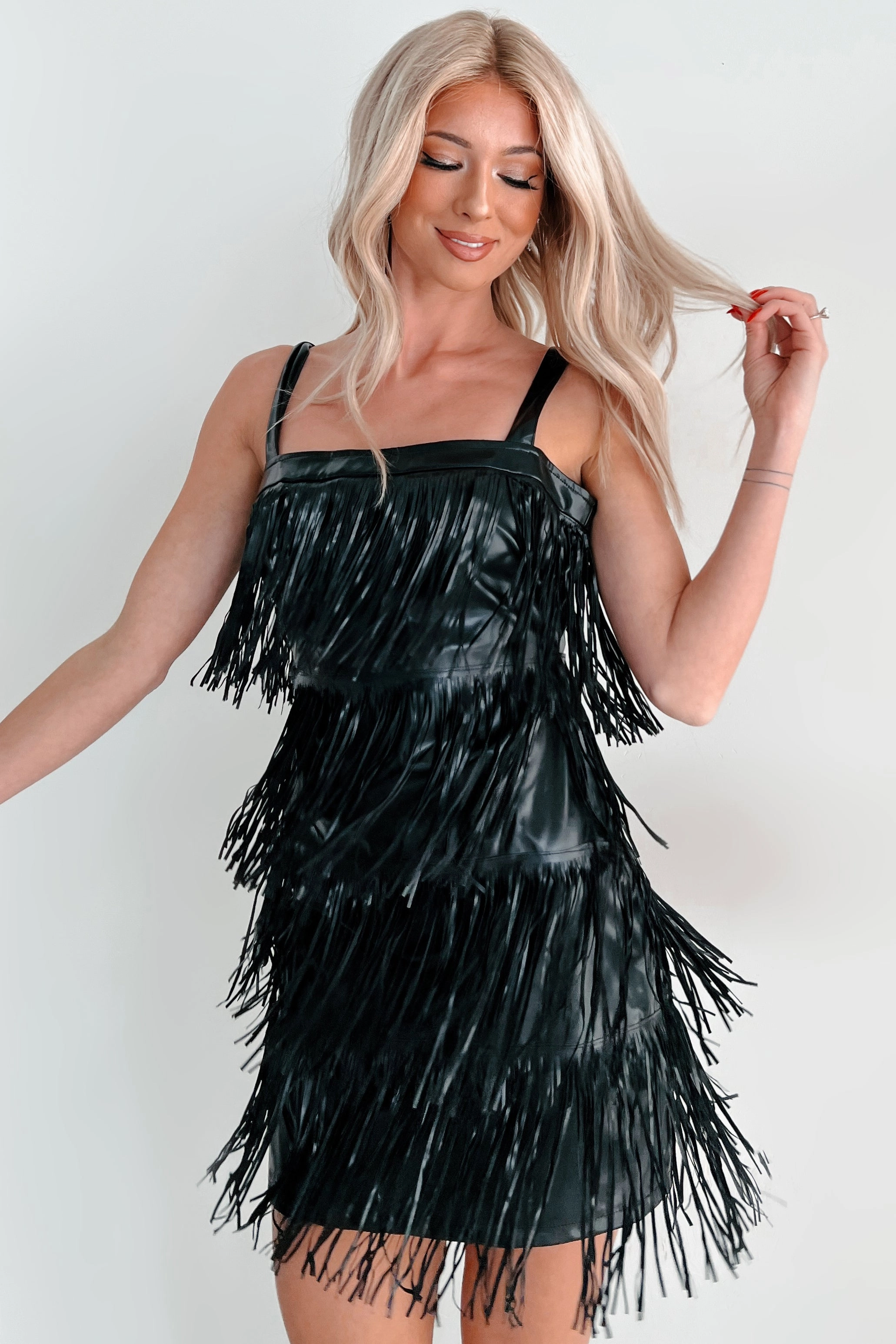 Edgy Excellence Faux Leather Fringe Dress (Black) Crinkle Effect Bright Colors