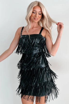 Edgy Excellence Faux Leather Fringe Dress (Black) Crinkle Effect Bright Colors