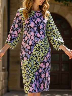 Printed mid-cuff pullover dress_CWDMD6508 Abstract Pattern Comfortable office piece