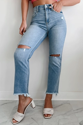 Comfortable Layers Quick drying material Effie High Rise Distressed Sneak Peek Straight Leg Jeans (Light)