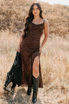 Stand On That Cowl Neck Leopard Maxi Dress (Brown) Polished Finish MultiPurposePockets