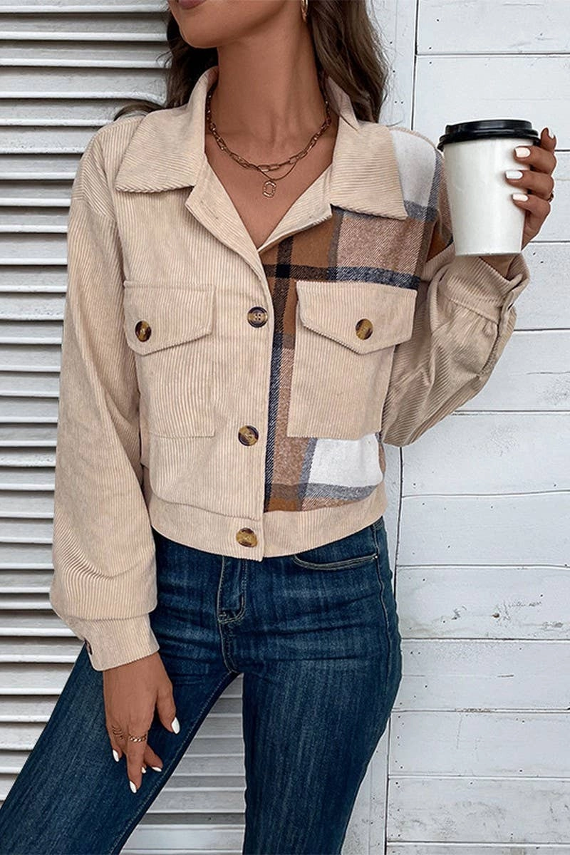 Stretch Waistband Design Hidden Pocket Design COLOR BLOCKING LONG SLEEVED LAPEL JACKET_CWOJA0767