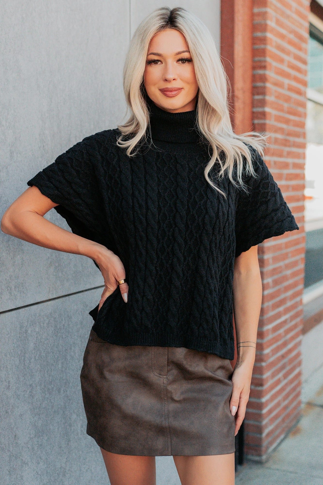 Cozy Escape Short Sleeve Cable Knit Sweater (Black) PolyesterBlend