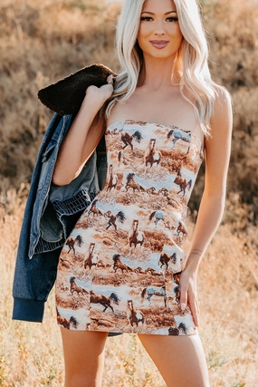 Sunset Scene Red Carpet Frontier Heart Strapless Western Print Mini Dress (Multi)