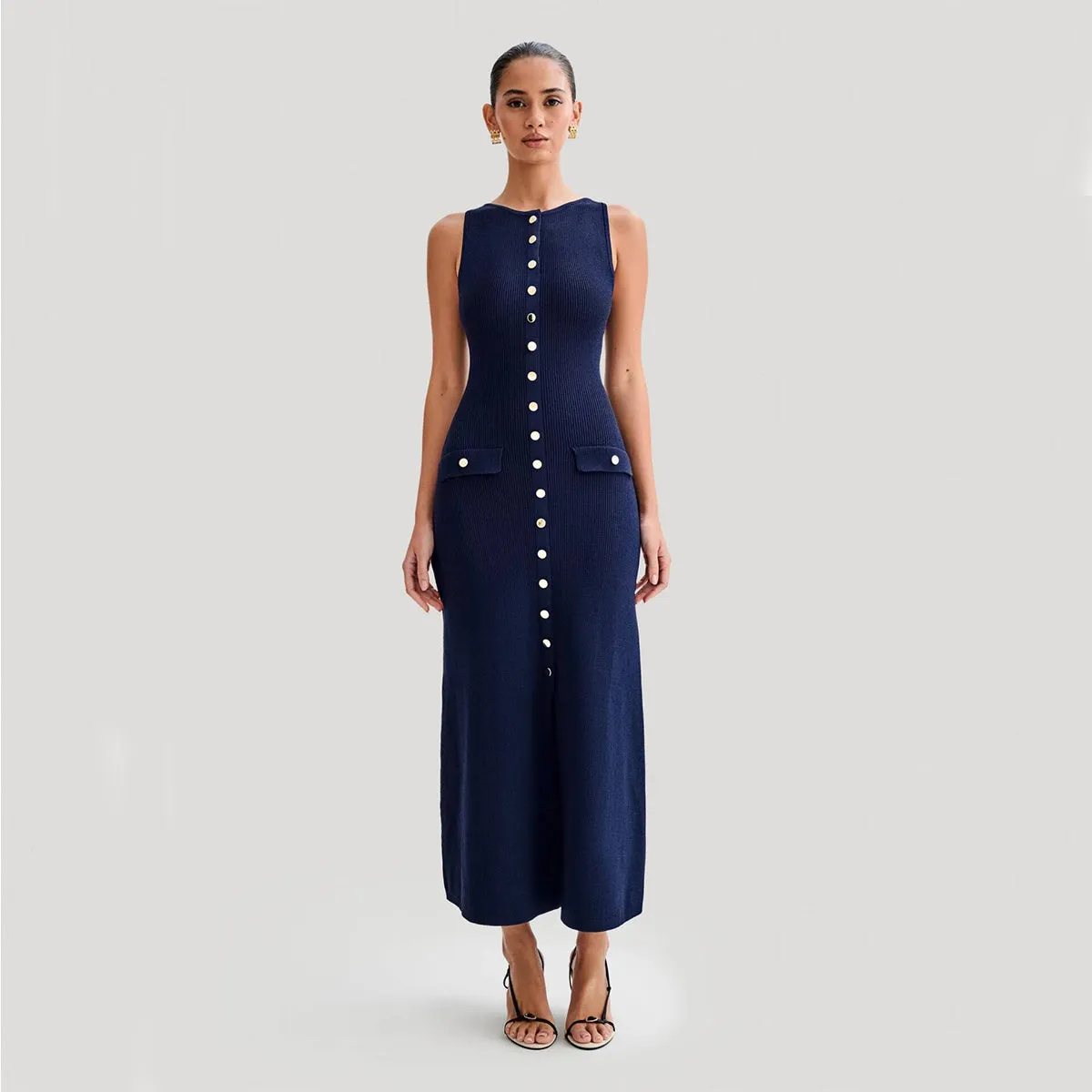 Elegant Knitted Sleeveless Dress With Single Breast Fashion Slim Round Neck Long Dresses Sleeveless Dress
