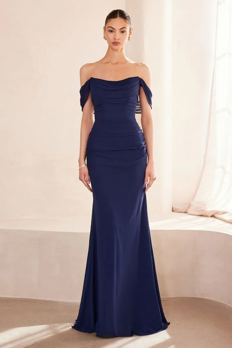 Elegant Off-Shoulder Evening Dress with Cap Sleeves