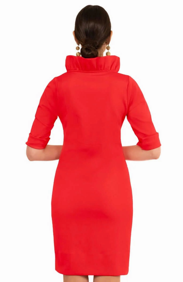 Convertible-Style Gretchen Scott Ruffneck Dress in Crimson
