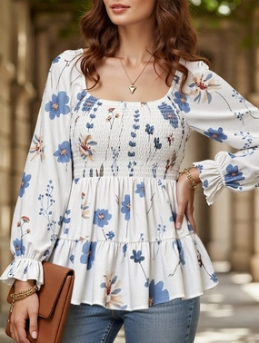 Elegant Floral Print Long-Sleeve T-Shirt DoubleStitchedHem AllDay Comfort Tech