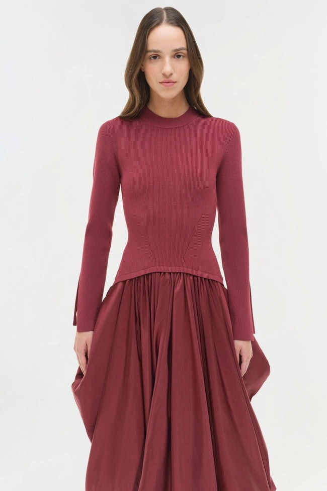 Fluid Cut Snap-Closure Kenlie Taffeta Knit Midi Dress Cranberry