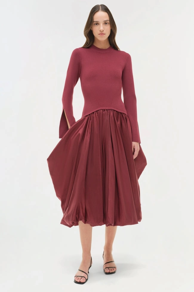 Trend Detail Smart Layers Kenlie Taffeta Knit Midi Dress Cranberry