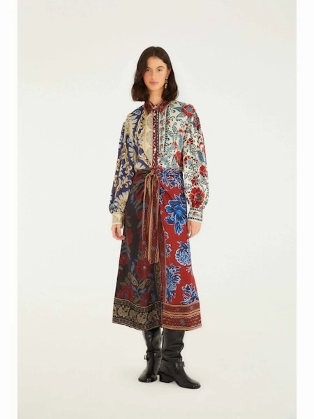 Patterned-Fabric Navy Winter Mix Midi Dress