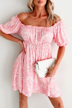 Budding Romance Baby Doll Floral Mini Dress (Pink) Lightweight-Layer