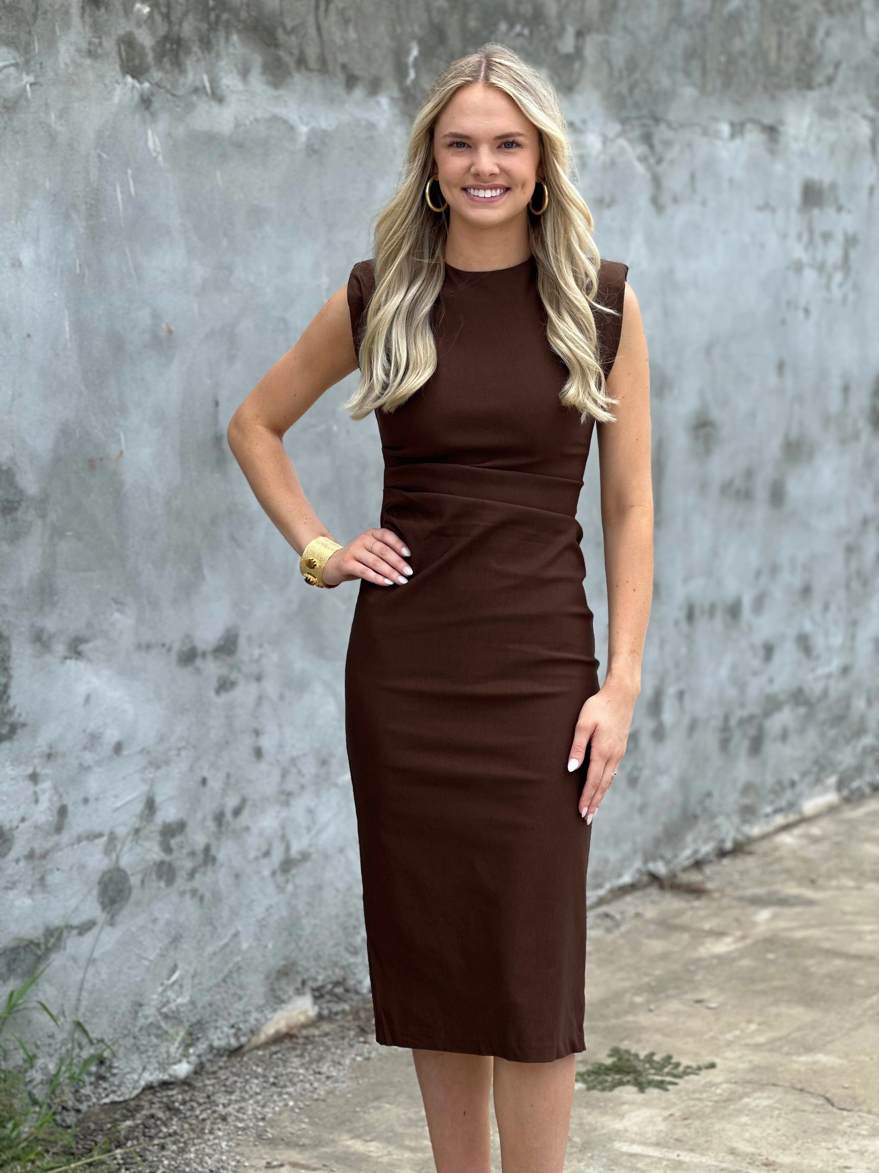 Classic Favorite Midi Dress in Brown Flattering Look Fit