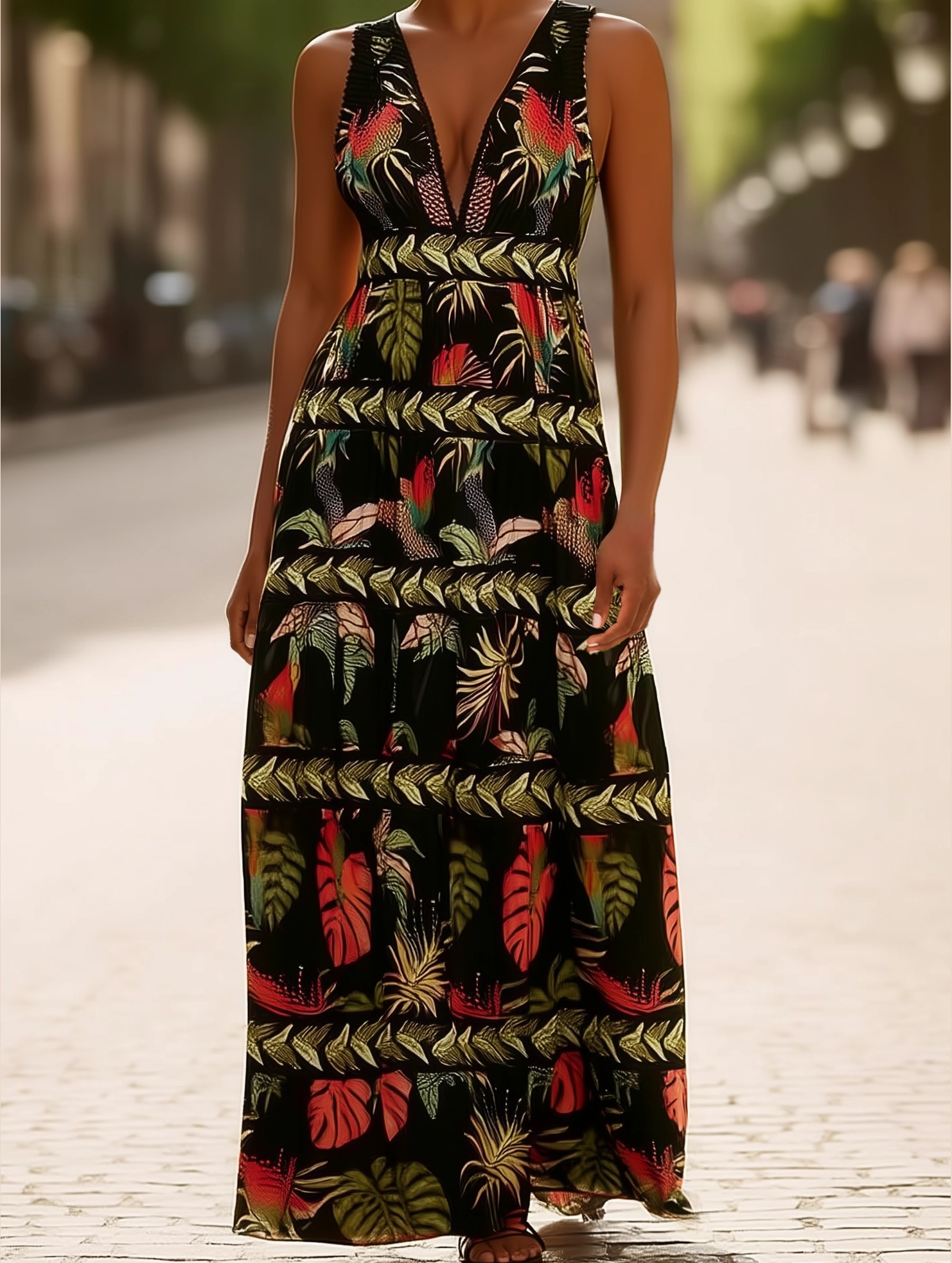 Rota Boho Tropical Print Plunge V-Neck Maxi Dress ??Sleeveless Vacation Style Sleek Tone Halter neck
