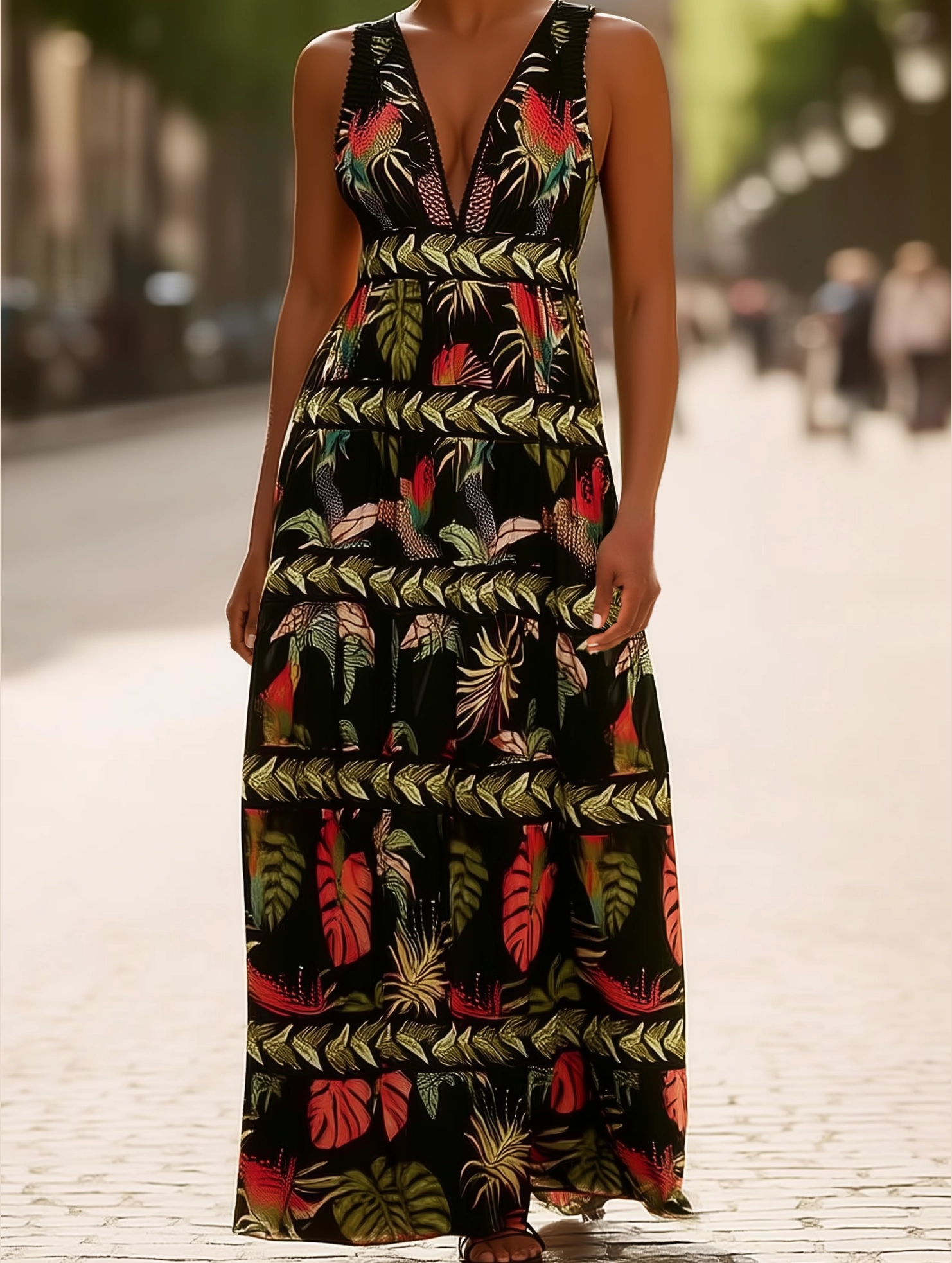 Body Positive Rota Boho Tropical Print Plunge V-Neck Maxi Dress ??Sleeveless Vacation Style
