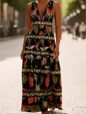 Smart Fashion Rota Boho Tropical Print Plunge V-Neck Maxi Dress ??Sleeveless Vacation Style