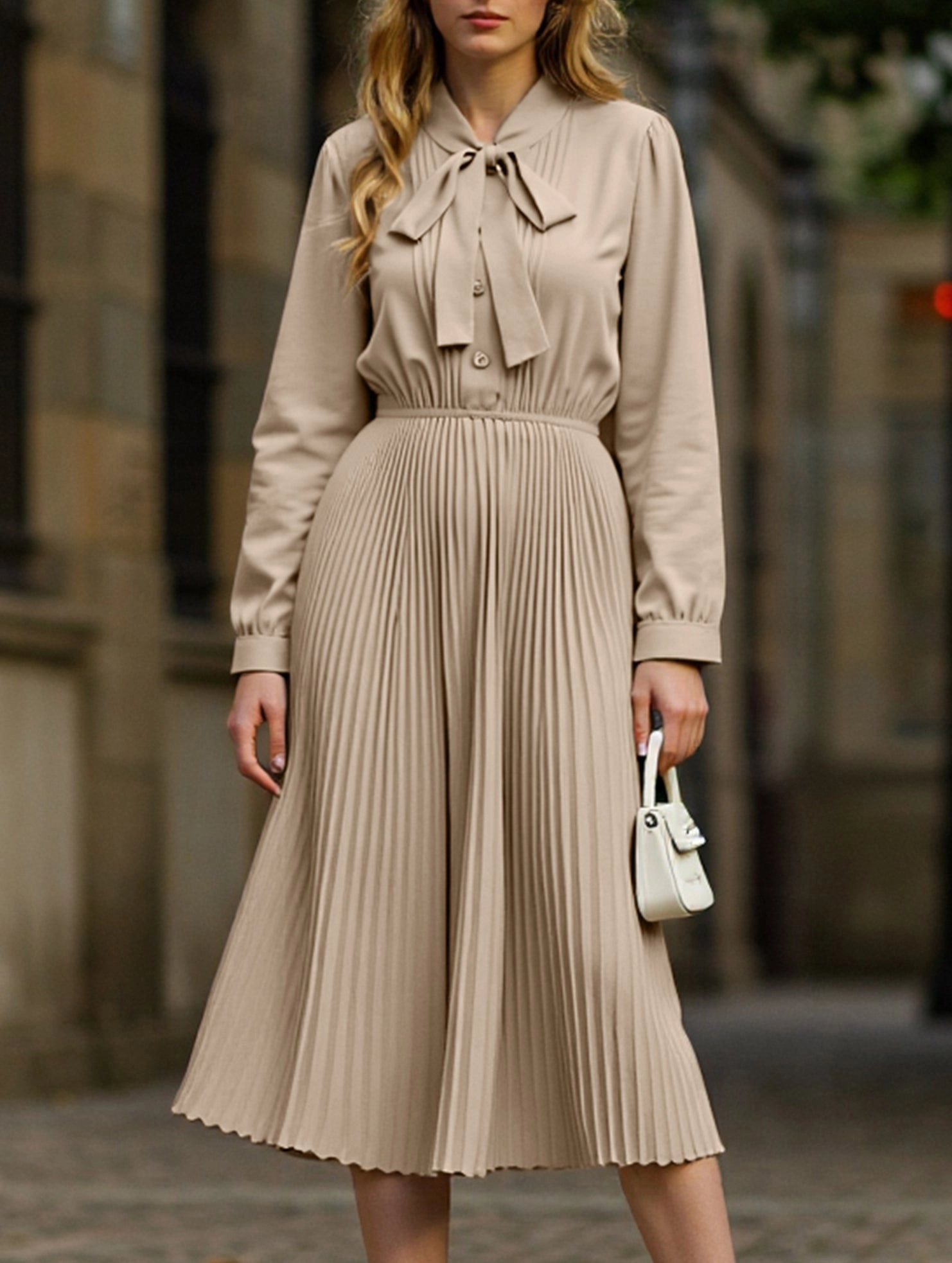 Elegant pleated dress with bow tie collar Stylish Feel Vibrant evening gown