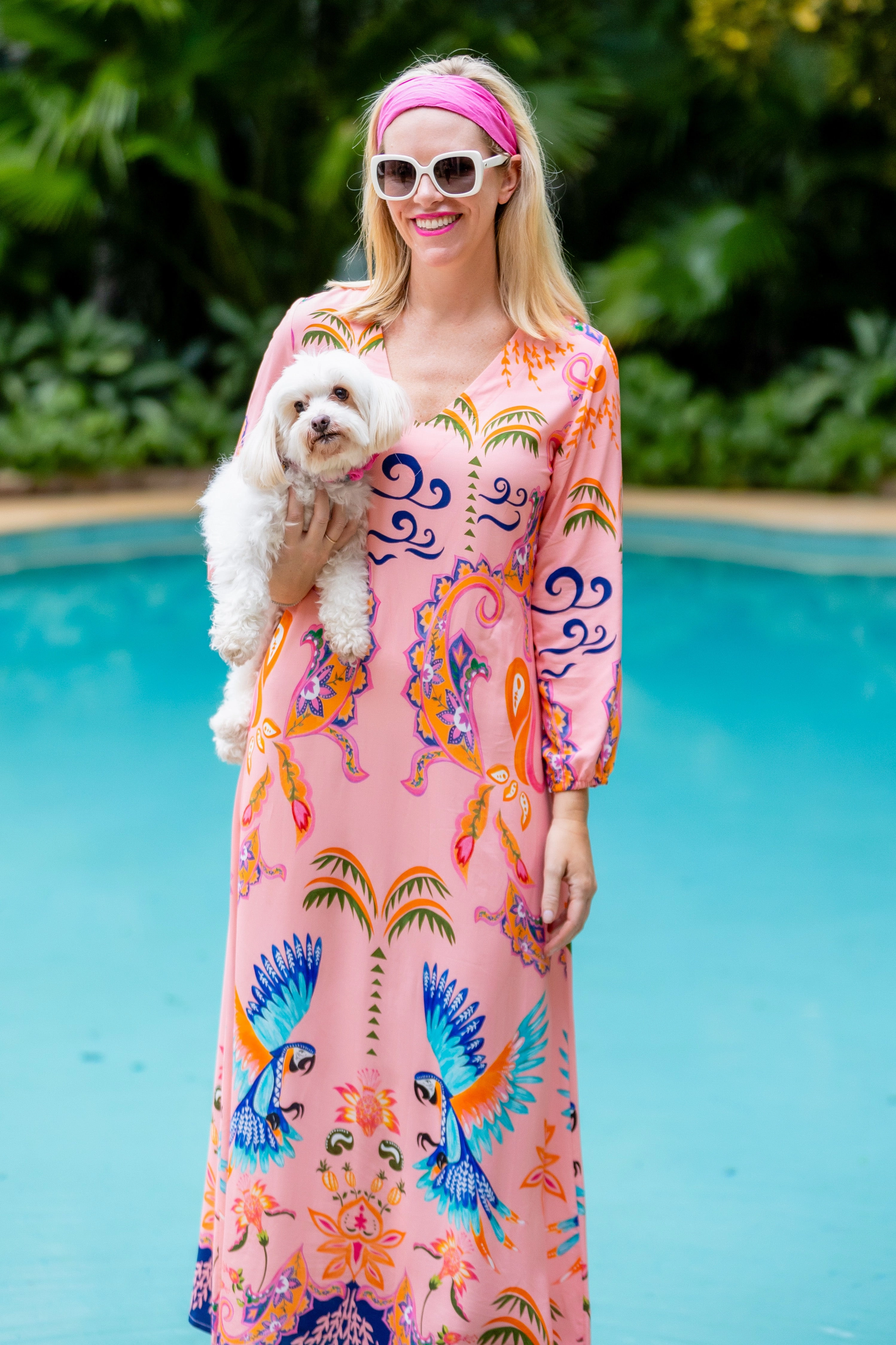 Maxine Dress / Pink Parrot Buckle-Detail High Waist