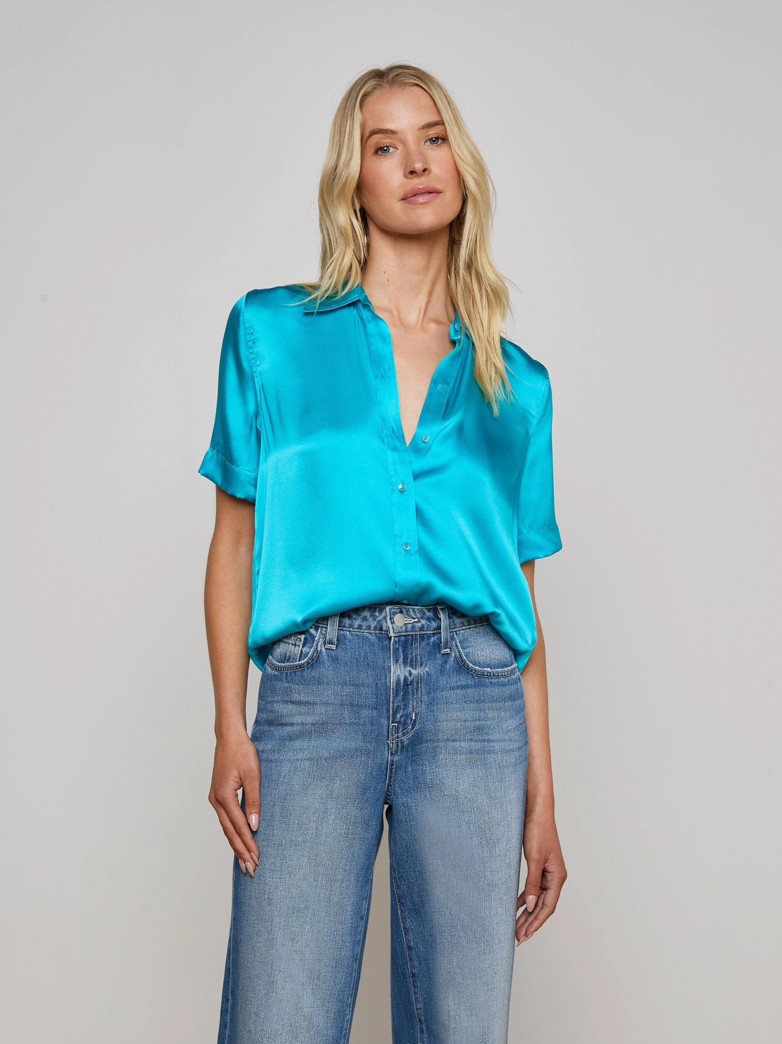 Ellah Silk Blouse Bright Aqua Minimalist Aesthetic