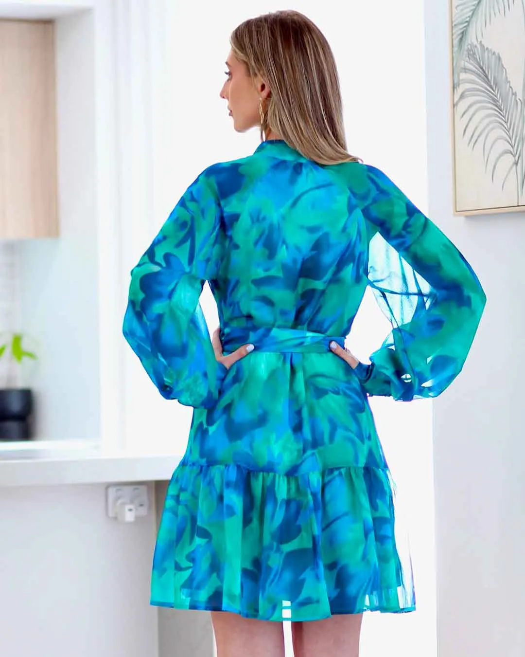 Ellie Chiffon Mini Dress - Green/Blue Print