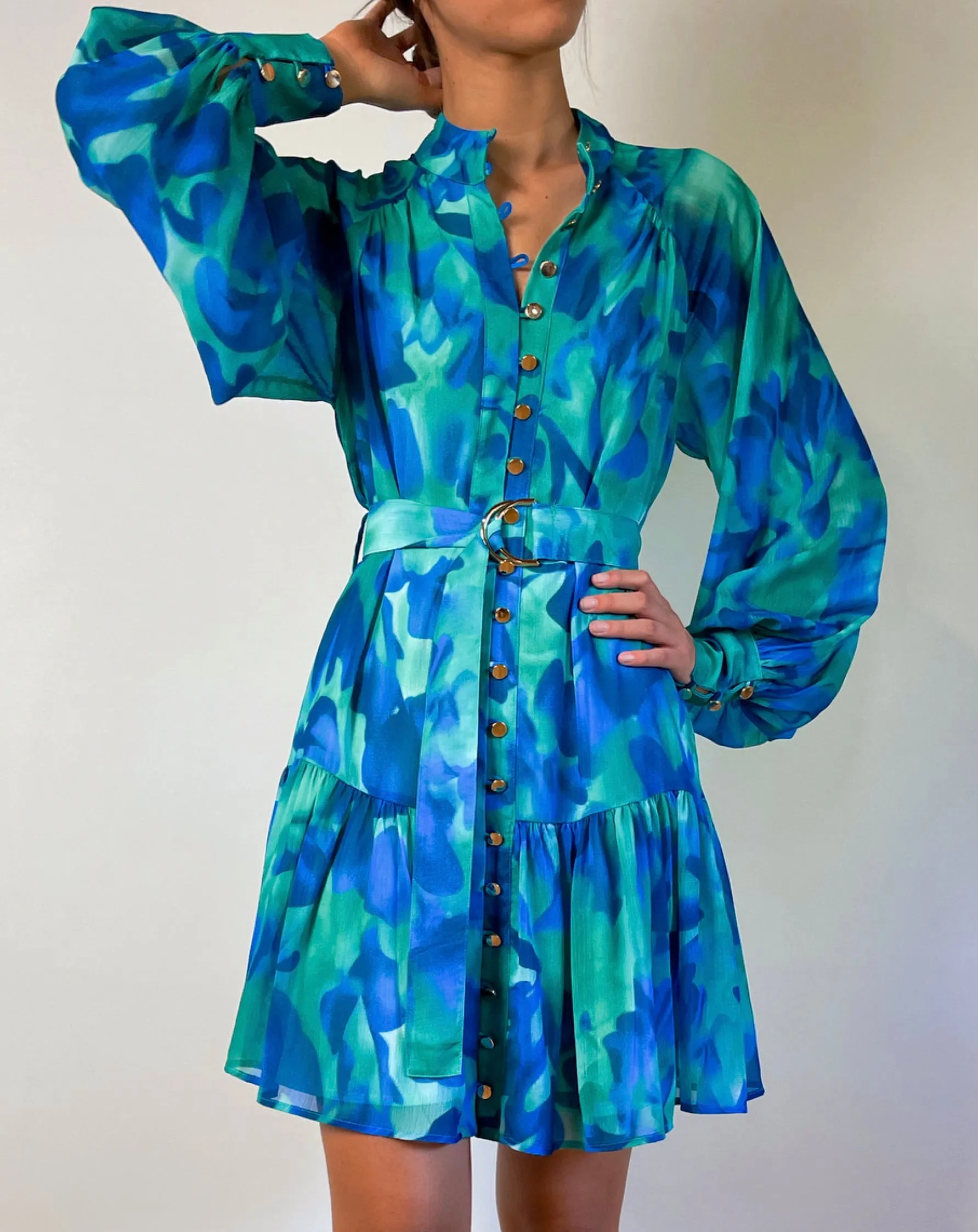 Ellie Chiffon Mini Dress - Green/Blue Print