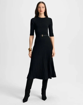 Elthea Belted Midi Dress Black Layered-Sleeve One-Shoulder