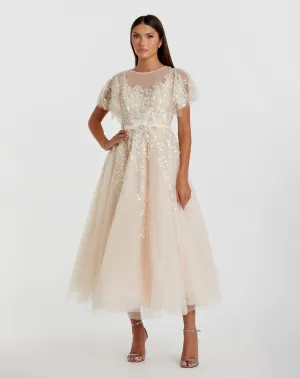 Embellished Flutter Sleeve Bow Waist A Line Dress
