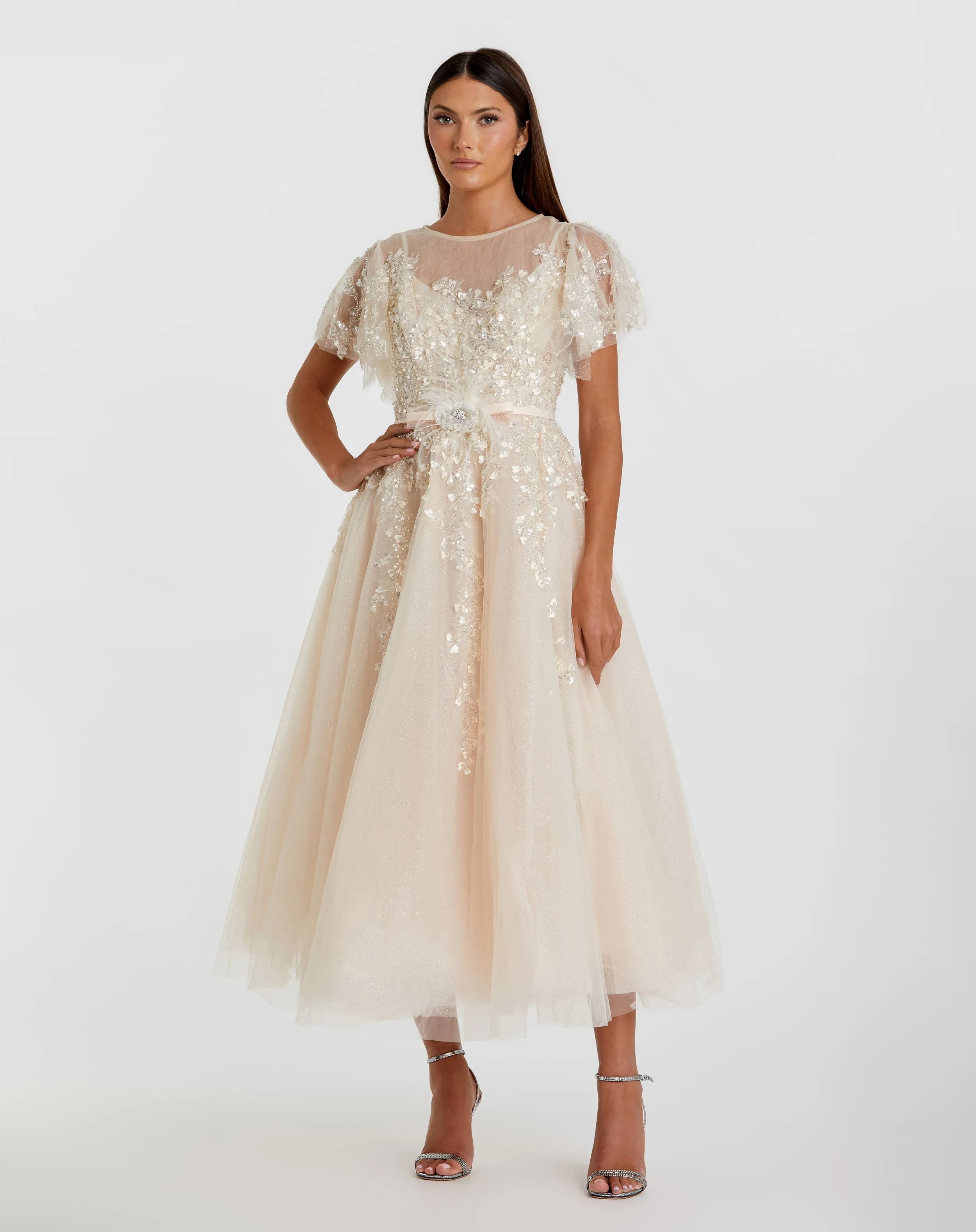 Embellished Flutter Sleeve Bow Waist A Line Dress