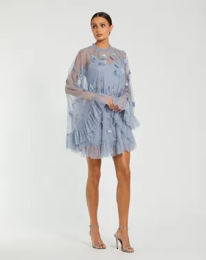 Embellished Long Flare Sleeve Mesh A-Line Dress